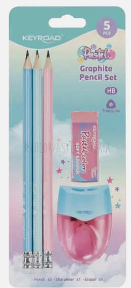 Set con 3 lapices + goma + sacap. con dep. encolores pastel - Blister